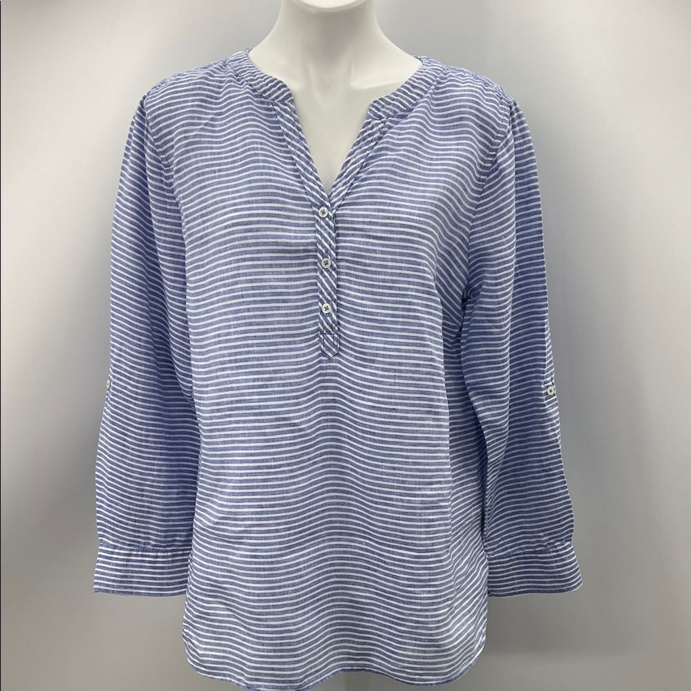 Talbots Blue and White Linen Striped Blouse